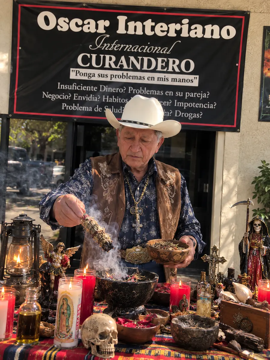 Oscar Interiano sahumando hierbas en su mesa de trabajo